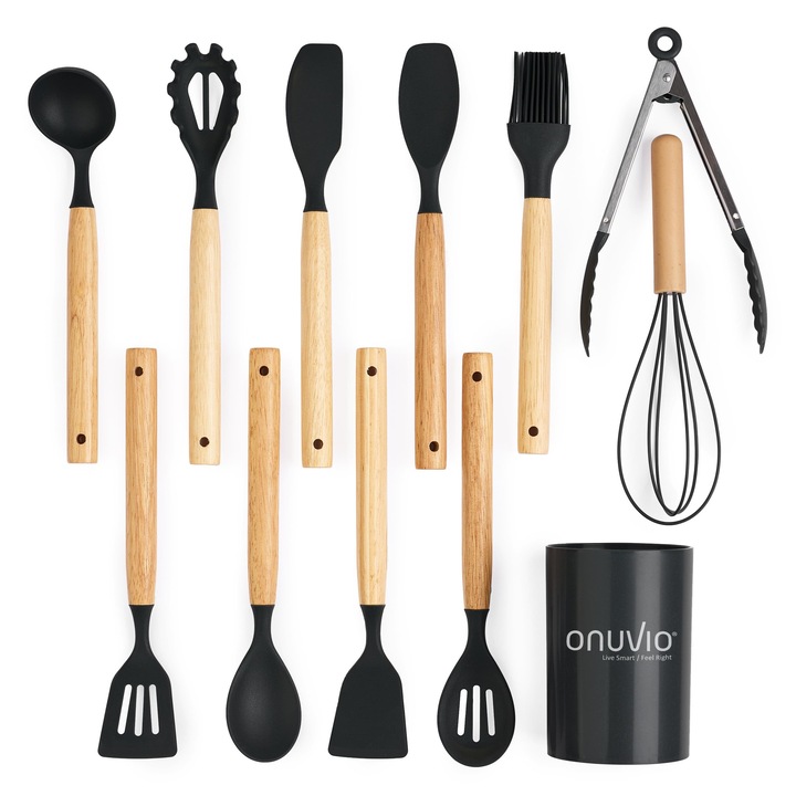 Set ustensile bucatarie 12 piese, marime mica XS 500g, lemn si silicon alimentar, termorezistente, antiaderente, suport blat, Onuvio® Daria Mini - Negru