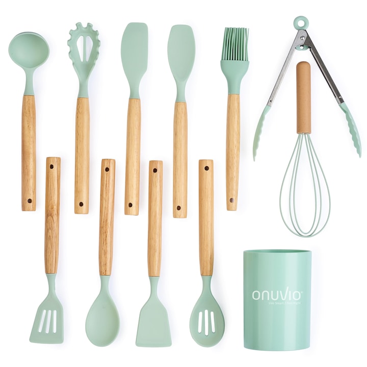 Set ustensile bucatarie 12 piese, marime mica XS 500g, lemn si silicon alimentar, termorezistente, antiaderente, suport blat, Onuvio® Daria Mini - Verde Menta