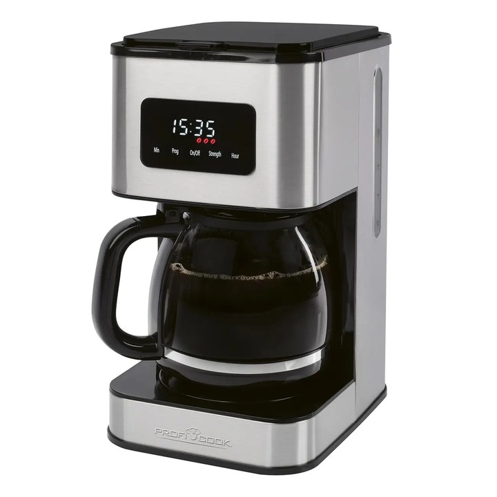 Cafetiera ProfiCook, 1.5 litri, aprox. 12-14 cani de cafea, 3 trepte intensitate, cana gradata din sticla, filtru lavabil, protectie anti-picurare, indicator luminos, sistem mentinere la cald, carcasa otel inoxidabil, panou control tactil, 900 W, inox