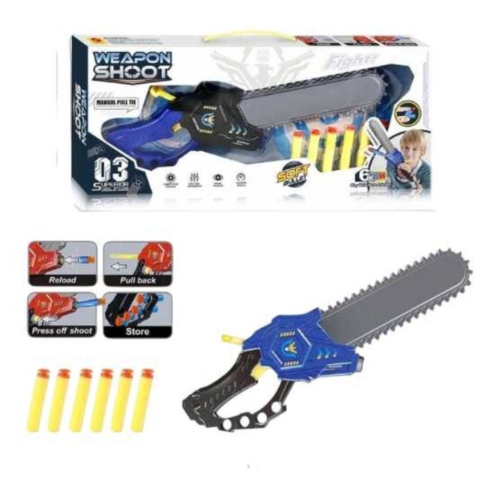 Pistol de jucărie în formă de fierăstrău cu lanț, cu 6 cartușe moi
