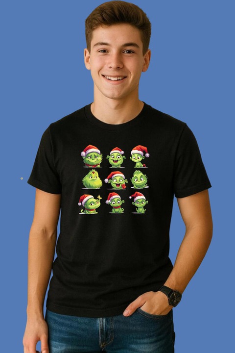 Tricou Barbat Set Grinch Expresii Multiple Mos Craciun, Negru