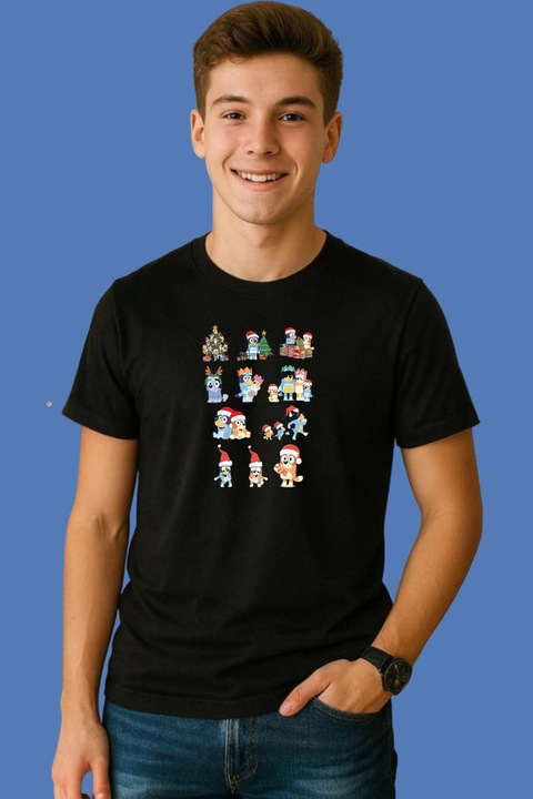 Tricou Barbat Set Personaje Bluey Craciun, Negru