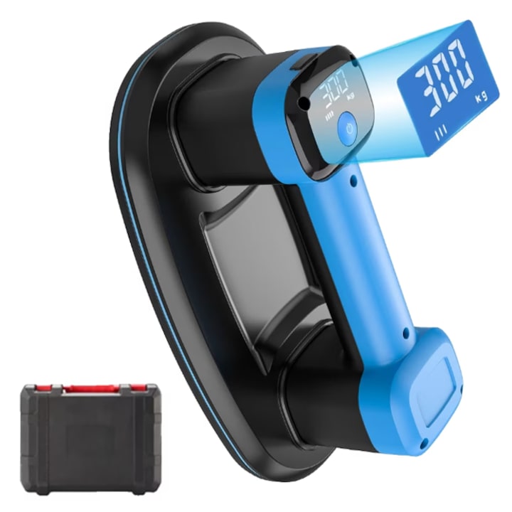 Ventuza profesionala Electrica, Bedee®, Ecran LCD, acumulator 4500 mAh, lungime 26 cm, 300KG putere de aspiratie, pentru transport si montat parbrize, geamuri, faiantei, Albastru