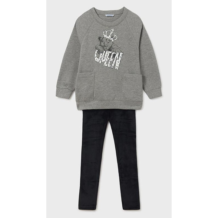 Set fete Mayoral, gri cu imprimeu pantaloni leggings catifelati negri, Negru/Gri