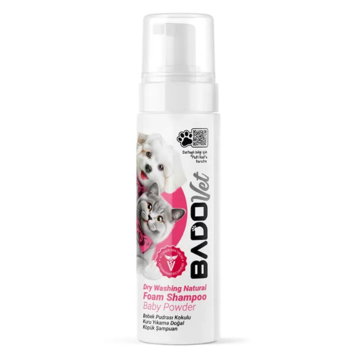 Sampon uscat spuma pentru caini si pisici cu aroma de pudra de talc, BadoVet, 200 ml, curatare rapida fara apa, blana stralucitoare si igiena delicata