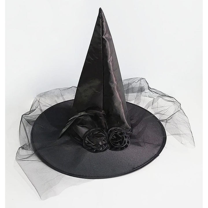 Palarie de vrajitoare neagra cu voal si decoratiuni florale