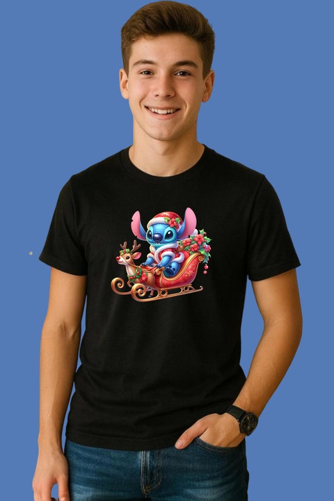 Tricou Barbat Stitch Pe Sanie Cu Ren Si Cadouri, Negru
