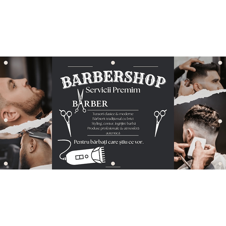 Banner publicitar "Barbershop, Frizerie", poliplan, rezistent la intemperii, 100x200cm