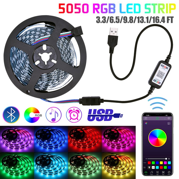 Banda LED RGB 5V, 60 LED-uri/m, 1m, neagra, control Bluetooth