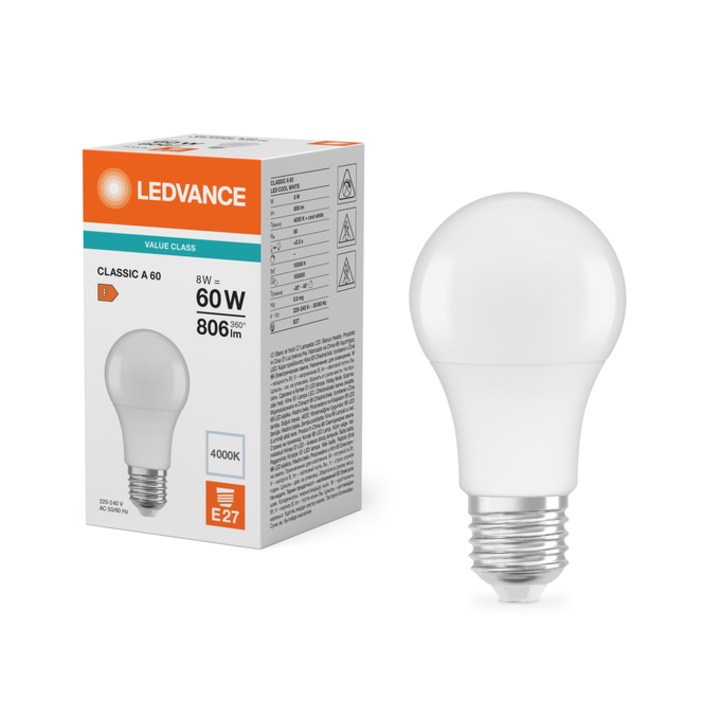 Bec LED CLA60 8W, LEDVANCE, alb neutru, E27