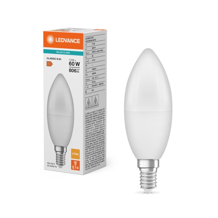 Bec LED E14 7, 5W, cald, design tip lumanare, mat, 2700K, 230V, OSRAM
