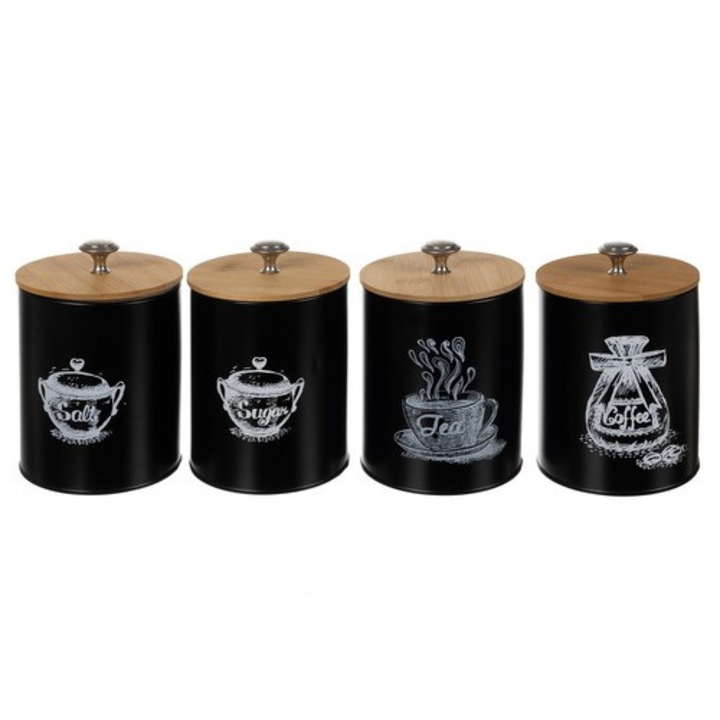 Set 4 piese recipiente bucatarie, Ruhhy, ermetice, 1.5L, negru mat, capac bambus, 17x11x11cm