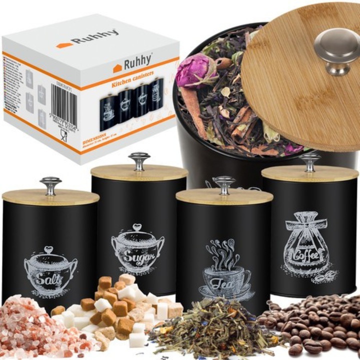 4 db élelmiszer tároló doboz készlet, Ruhhy, 1,5L, matt fekete, bambusz