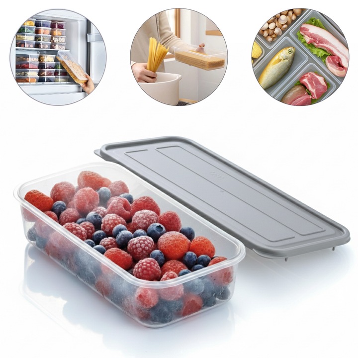 Recipient de depozitare alimente Salestore.ro®, organizare frigider/congelator, etanse, cutie cu capac, plastic fara BPA, rezistent la rece, 1.18 L, Transparent/Gri