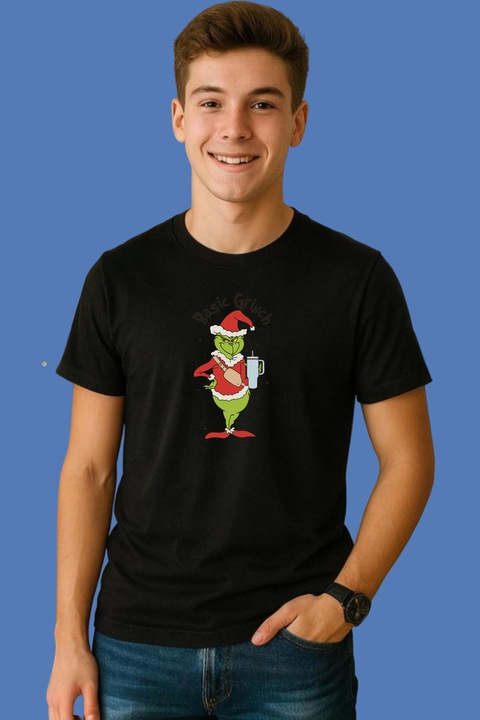 Tricou Barbat Basic Grinch Retro Whoville University Digital, Negru