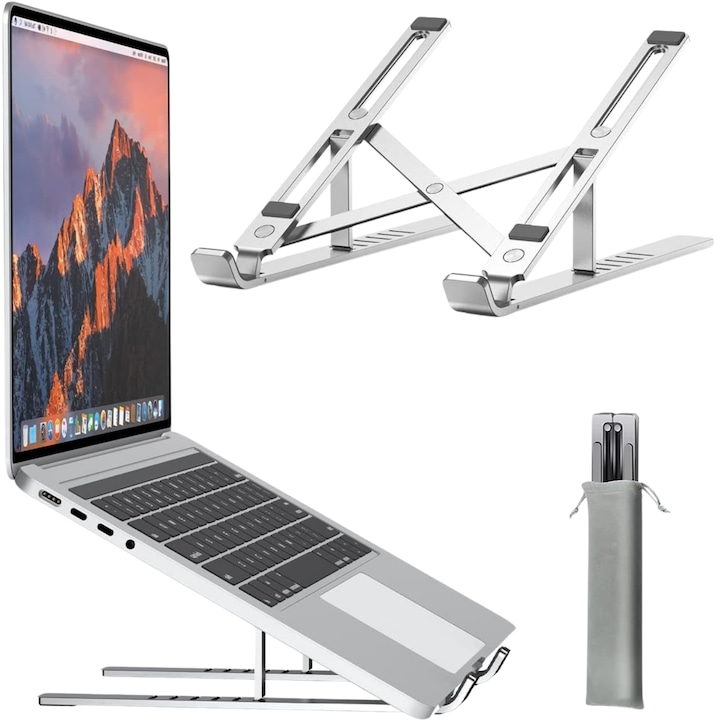 Suport pentru laptop, LuckyLu®, suport pentru tableta si laptop, suport pentru desktop portabil pliabil din metal cu 6 unghiuri compatibil cu 10-15.6" macbook, ipad, hp, dell, lenovo, gri