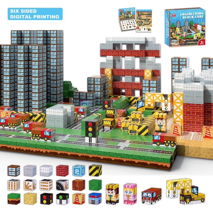 Комплект образователни строителни блокове за деца, 300 части, 2 см магнитни кубчета, инженерна сцена.