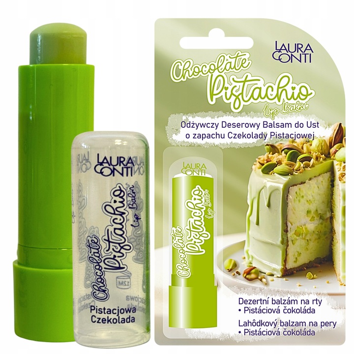 Ruj hidratant si protector, balsam de buze, parfum de ciocolata si fistic; Laura Conti, Dubai Pistachio Chocolate 4,8g