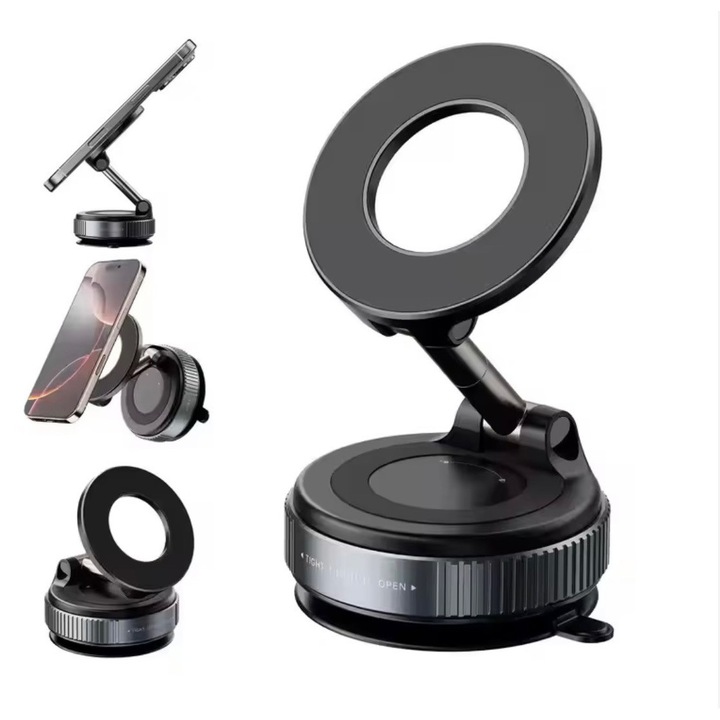 Suport Auto Magnetic, aLFTEC, Negru mat, 60x60x40mm, Rotatie 360, Prindere prin Vacuum