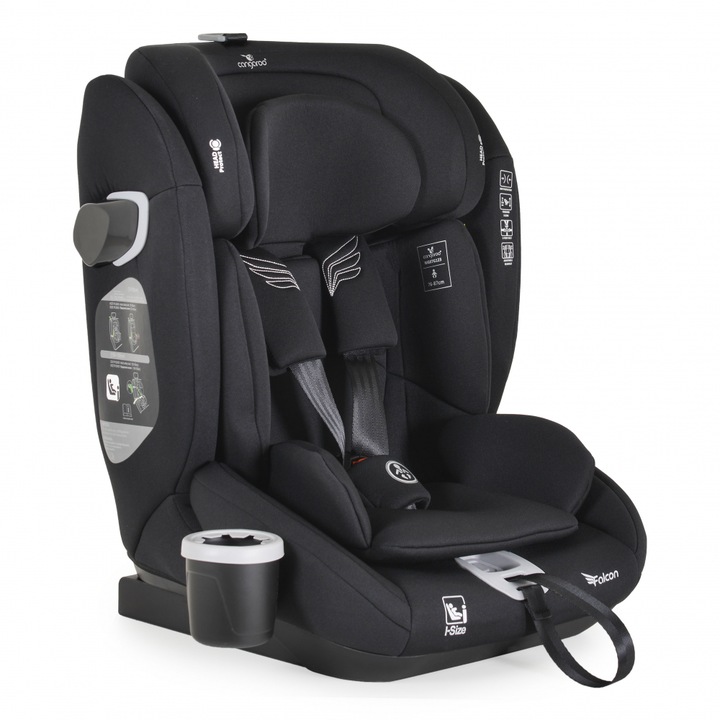 Scaun auto Cangaroo Falcon Pirate black 76-150 cm, certificat I-Size R129, protectie SPS, tetiera din spuma memorie reglabila 9 pozitii, salteluta reductor si suport pahar incluse
