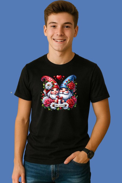 Tricou Barbat Doi Gnomi Iubire Cu Trandafiri, Negru