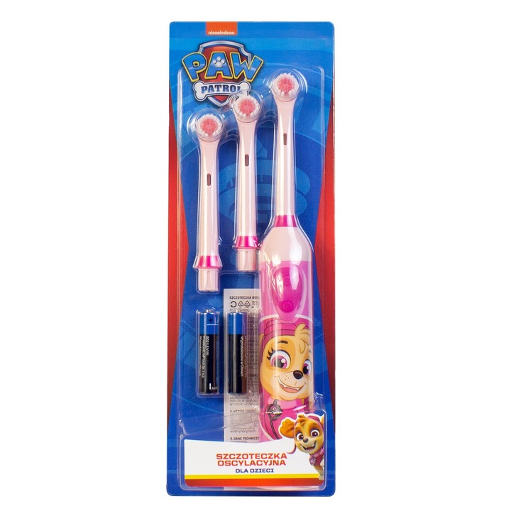Periuta de dinti electrica Skye Paw Patrol roz pentru copii, Numarul de oscilatii 6000/min, 3 x cap inlocuibil, 2 x baterii AAA 1.5V
