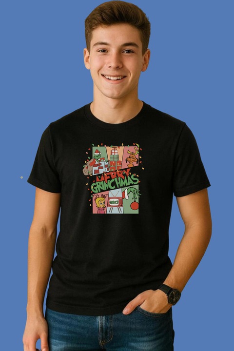 Tricou Retro Merry Grinchmas The Grinch And Friend, Barbat, 100% Bumbac, Cri-Flo, Culoare Negru, Marime XL