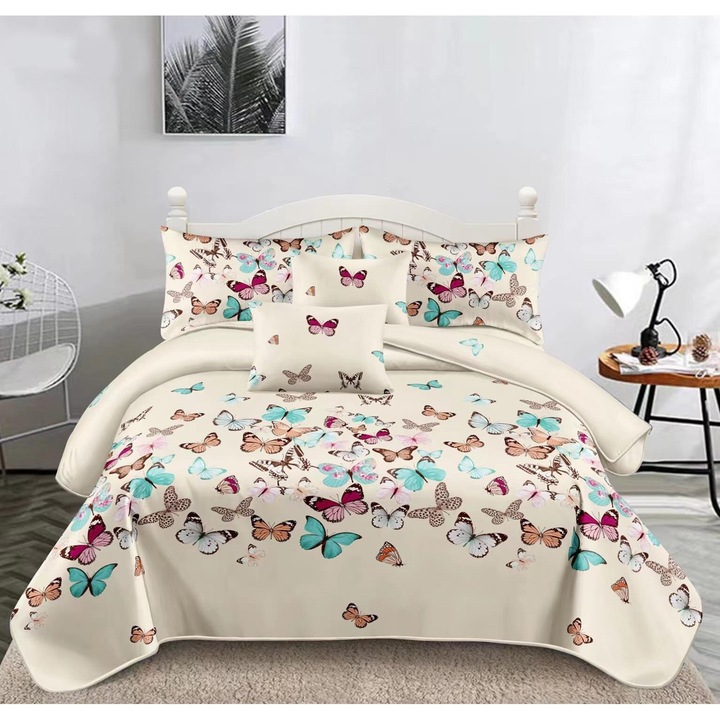 Set 4 Piese Lenjerie Cocolino Premium, Culoare Bej, Cearceaf de Pat 200x230cm, cu 2 Fete de Perna Incluse, pentru Pat Dublu