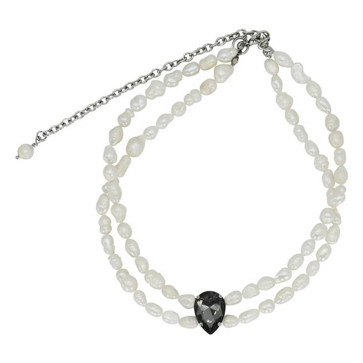 Colier din perle de cultură și cristal de sticlă, lungime 33cm+14cm extensie, inox