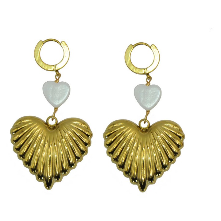 Cercei, inima din scoica naturala, inox placat aur 18k, 45x33mm, set
