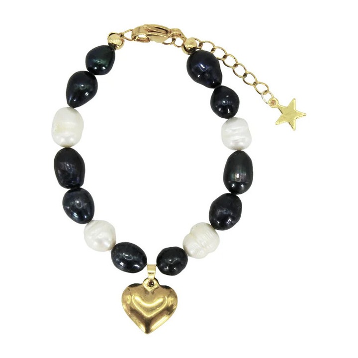 Bratara din perle de cultură cu accesorii din inox placate cu aur, 15x5cm, 9-10mm