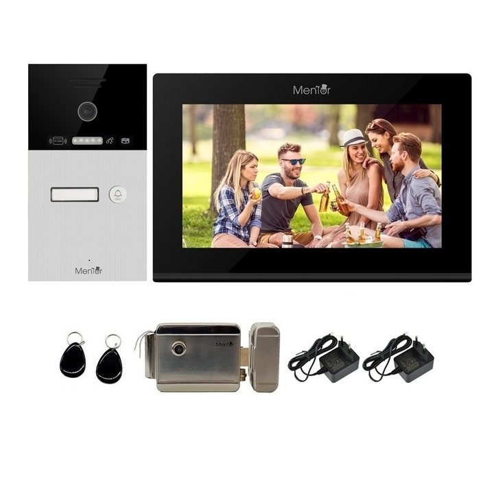 Kit VideoInterfon WiFi 1 familie Mentor SYKT083B 4in1 cu aplicatie, tag, buton si cheie, cu Monitor color de 10.1 inch, Panou exterior AHD 2MP IP65 incastrabil, Yala electromagnetica, sistem pe 2 fire 24V
