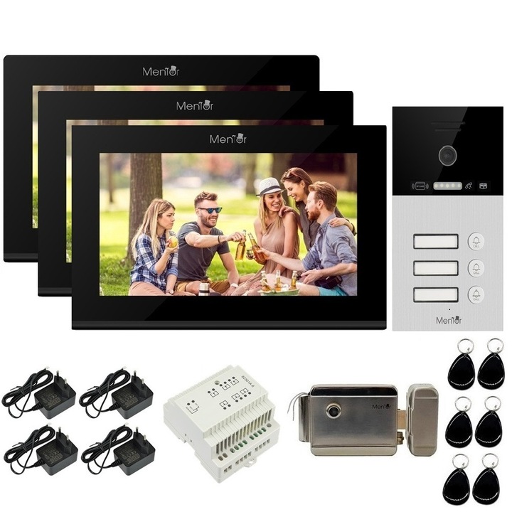 Kit VideoInterfon WiFi 3 familii Mentor SYKT081B 4in1 cu aplicatie, tag, buton si cheie, cu 3xMonitor color de 7 inch, Panou exterior AHD 2MP IP65 incastrabil, Distribuitor semnal, Yala electromagnetica, sistem pe 2 fire 24V