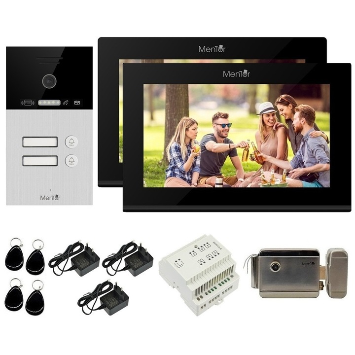Kit VideoInterfon WiFi 2 familii Mentor SYKT084B 4in1 cu aplicatie, tag, buton si cheie, cu 2xMonitor color de 10.1 inch, Panou exterior AHD 2MP IP65 incastrabil, Distribuitor semnal, Yala electromagnetica, sistem pe 2 fire 24V