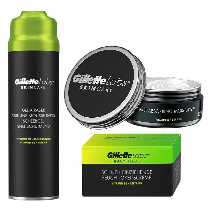 Set Gillette Labs SkinCare, Gel de ras cu vitamina B3, 198 ml si Crema hidratanta ultra-usoara, cu absorbtie rapida, 100 ml