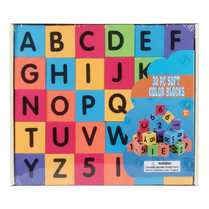 Set cuburi educative pentru copii MASTPAD, litere si cifre, 30 piese moi, colorate, jucarie tip Montessori, 3+ ani