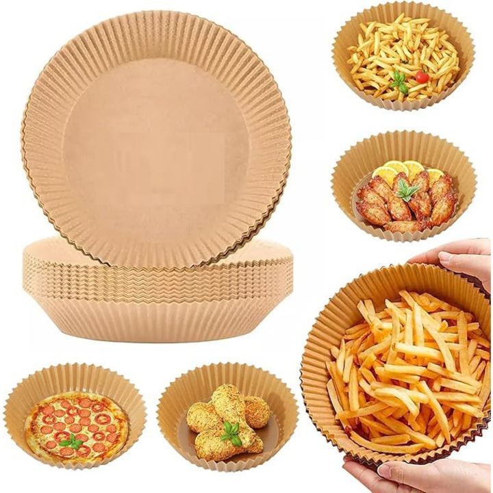 Set 50 Bucati Hartie de Copt pentru Air Fryer, unica folosinta, 20x16x4.5 cm, forma rotunda, maro
