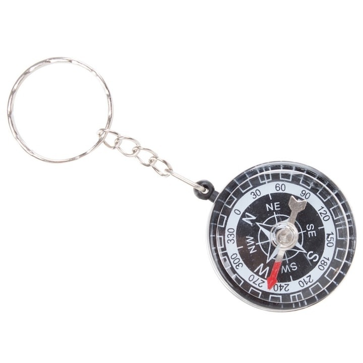 Busola cu breloc pentru turism si drumetii, cu carabinier, plastic, diametru 3, 5 cm, rosu