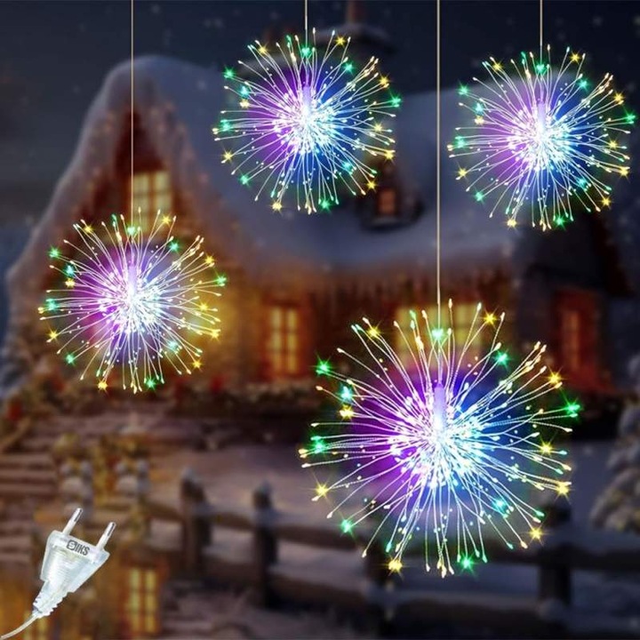 Instalatie De Craciun SIKS Tip Focuri De Artificii Decorative Cu 10 Artificii, 750 Led-uri Interconectabila, 8 Moduri De Iluminare, Lungime 7m, Multicolor