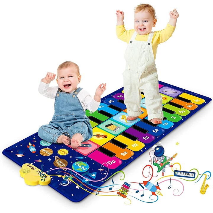 Jucarie covoras de dans muzical pentru copii, Bedee®, Covoras muzical interactiv, Patura electronica multifunctionala 2 in 1, Tavita muzicala, 8 instrumente, 10 clape, pian, tobe, jucarie educativa, moale, antiderapanta, 120 x 48cm, Albastru