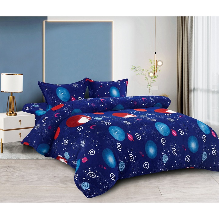 Set 4 Piese Lenjerie Cocolino Premium, Culoare Albastru, Cearceaf de Pat 200x230cm, cu 2 Fete de Perna Incluse, pentru Pat Dublu