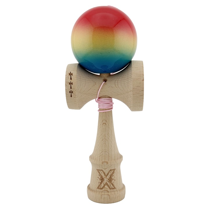 Kendama X Originala, Profesionala, Flippy, Big Cups V2, Super Sticky Cupe Mari, Rulment Metalic cu Ata 55 cm, Rosu/Galben/Albastru