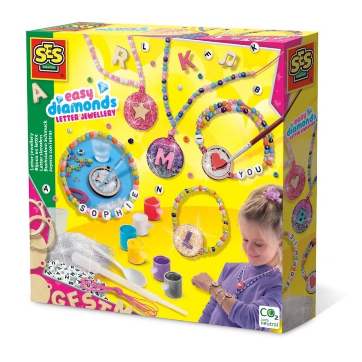 Set creativ de artizanat pentru copii, Bijuterii cu margele si litere din lemn, +5 ani