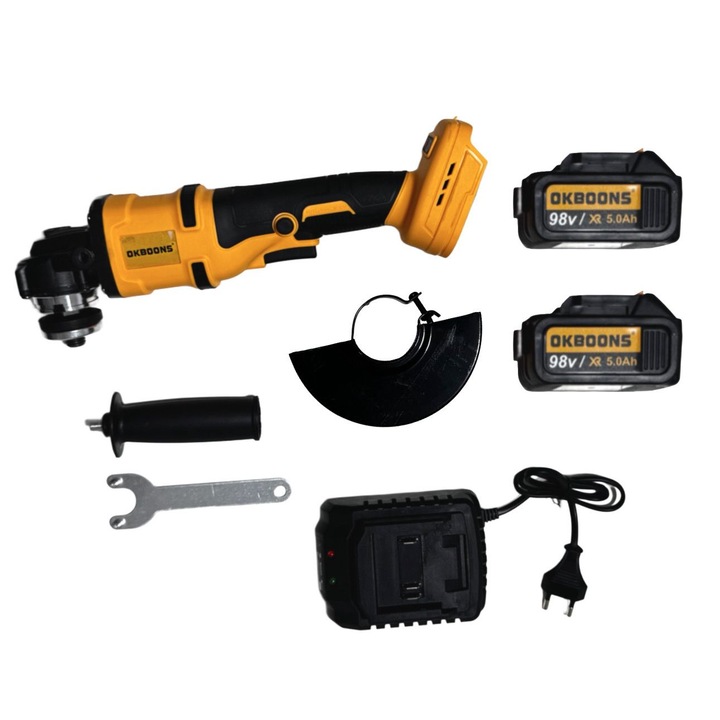 Polizor unghiular cu acumulator Li-Ion OKBOONS, 98V, 5.0Ah, 125 mm, 2 acumulatori, incarcator, maner si aparatoare disc