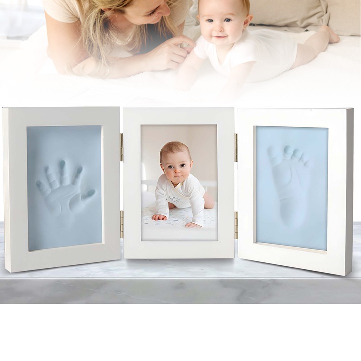 Комплект за отпечатък на ръчичка или краче на бебе и тройна рамка за снимки, син отпечатък, нетоксичен, 35×15,5 см, бяла рамка, син
