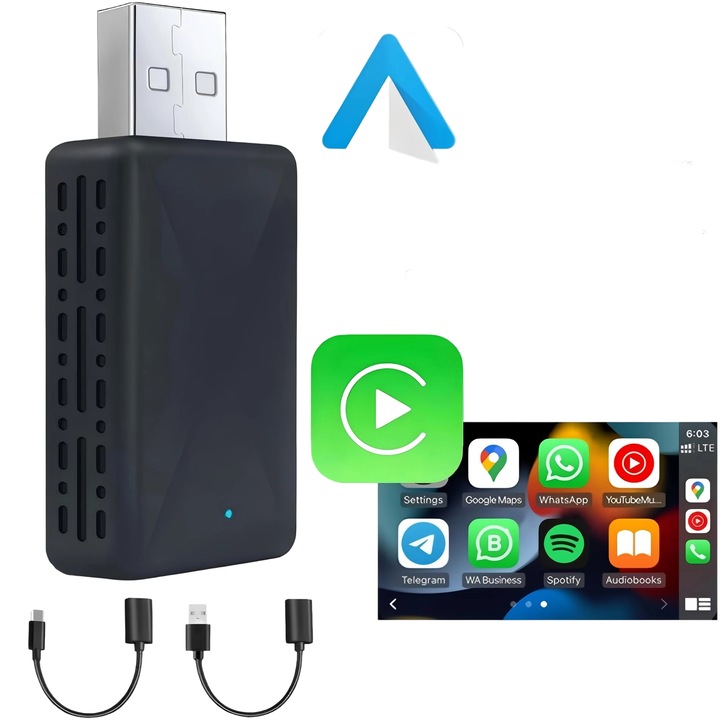 Adaptor auto Wireless 2-in-1, 2 in 1, Compatibil cu Apple Carplay si Android Auto, Compatibil cu iOS 10+/Android 11+, Comutare fara probleme, WiFi 6, Plug&Play, Plastic, Negru