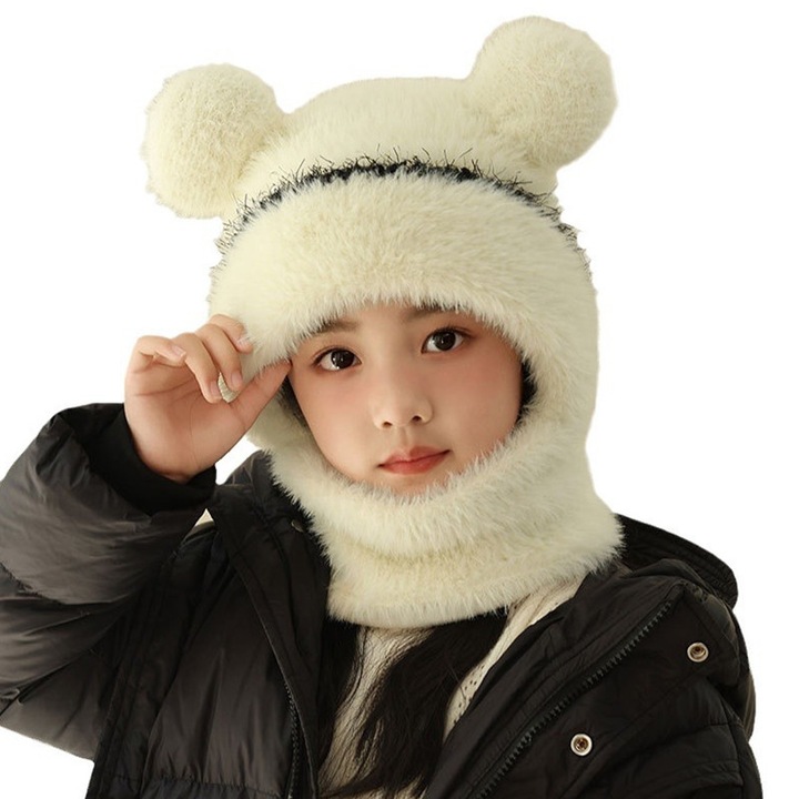 Caciula pentru copii, tip cagula cu guler, model pufos cu urechiuse ascutite, tematica fluffy cozy bear, 1 – 4 ani, alba, EFAYN