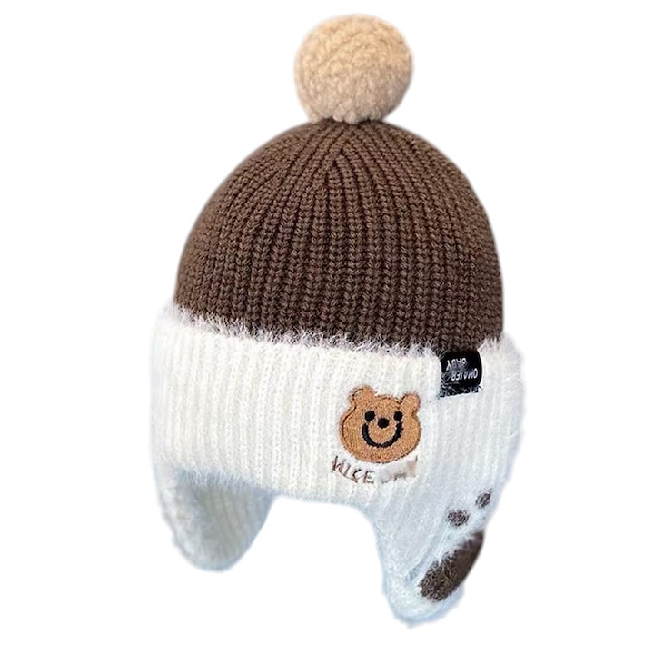 Caciula pentru copii, imprimeu cu ursulet, model calduros cu prelungire pentru urechi, tematica little funny bear, 2 – 4 ani, maro inchis, EFAYN