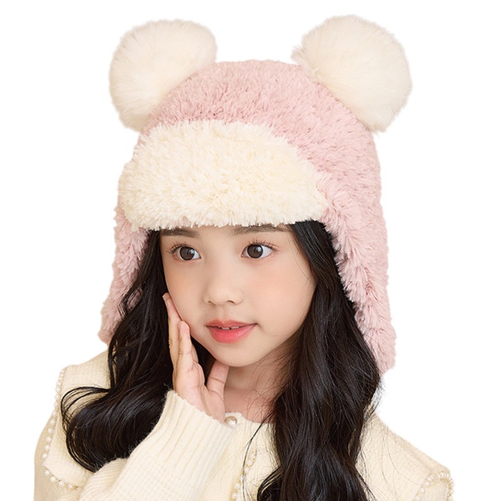 Caciula pentru copii, prelungire cu urechi, model pom pom calduros, prindere sub barbie, tematica cute and funny, 4 – 10 ani, roz, EFAYN