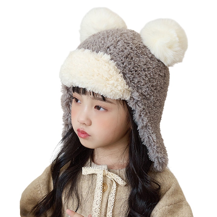 Caciula pentru copii, prelungire cu urechi, model pom pom calduros, prindere sub barbie, tematica cute and funny, 4 – 10 ani, gri, EFAYN